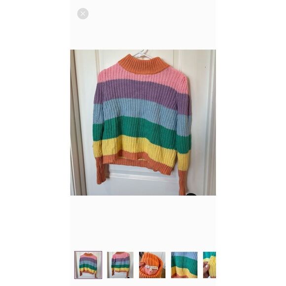 English Factory Chunky Knit Sweater Women XS Mockneck Puff Sleeve Striped Colors - Picture 2 of 5